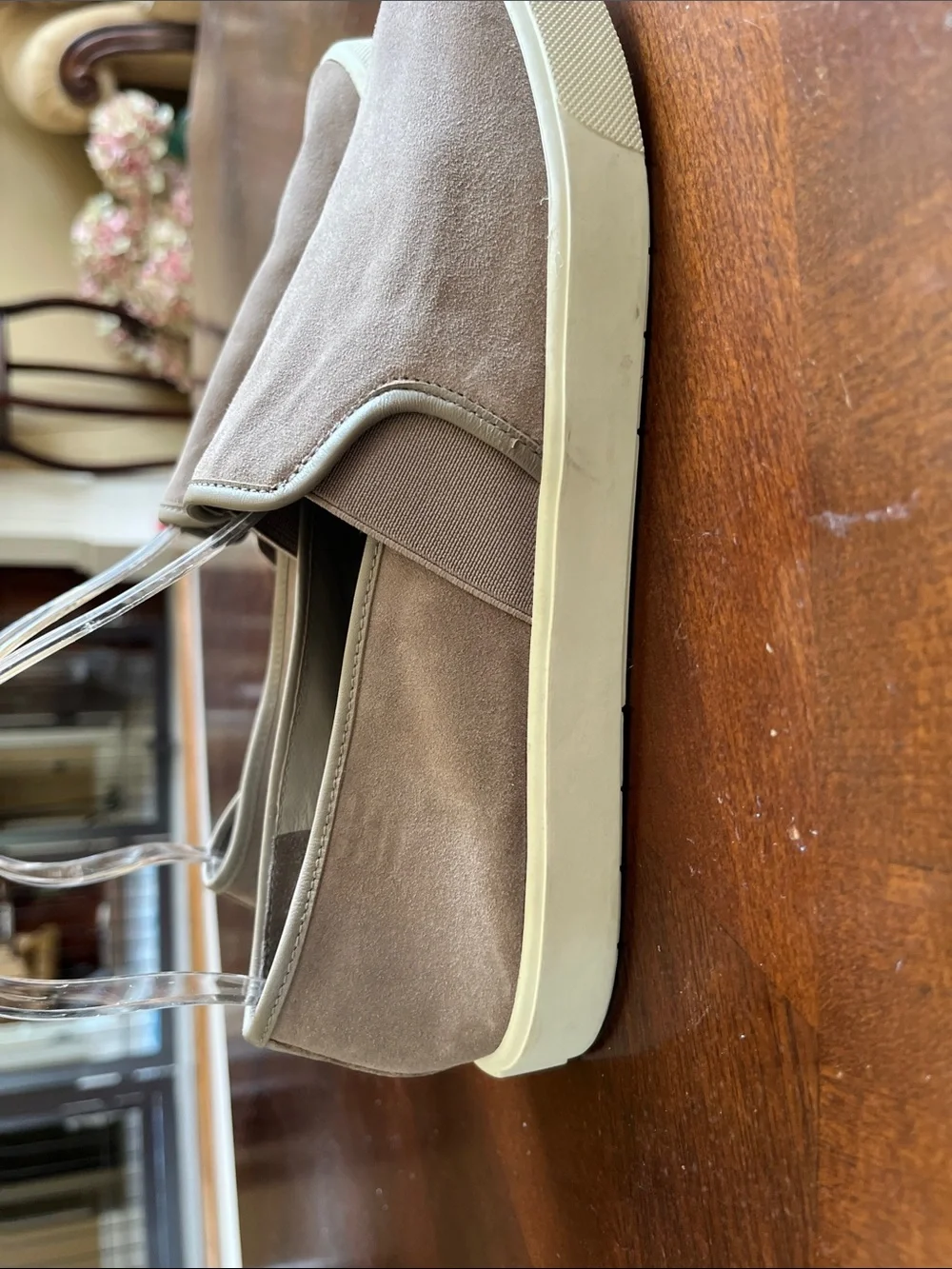 Vince Suede Slip-On Loafers in Taupe with White Sole